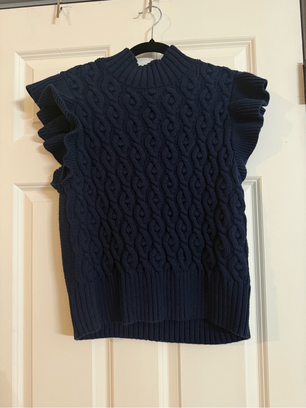Navy Cable-Knit Ruffle Sleeve Turtleneck Sweater - Women